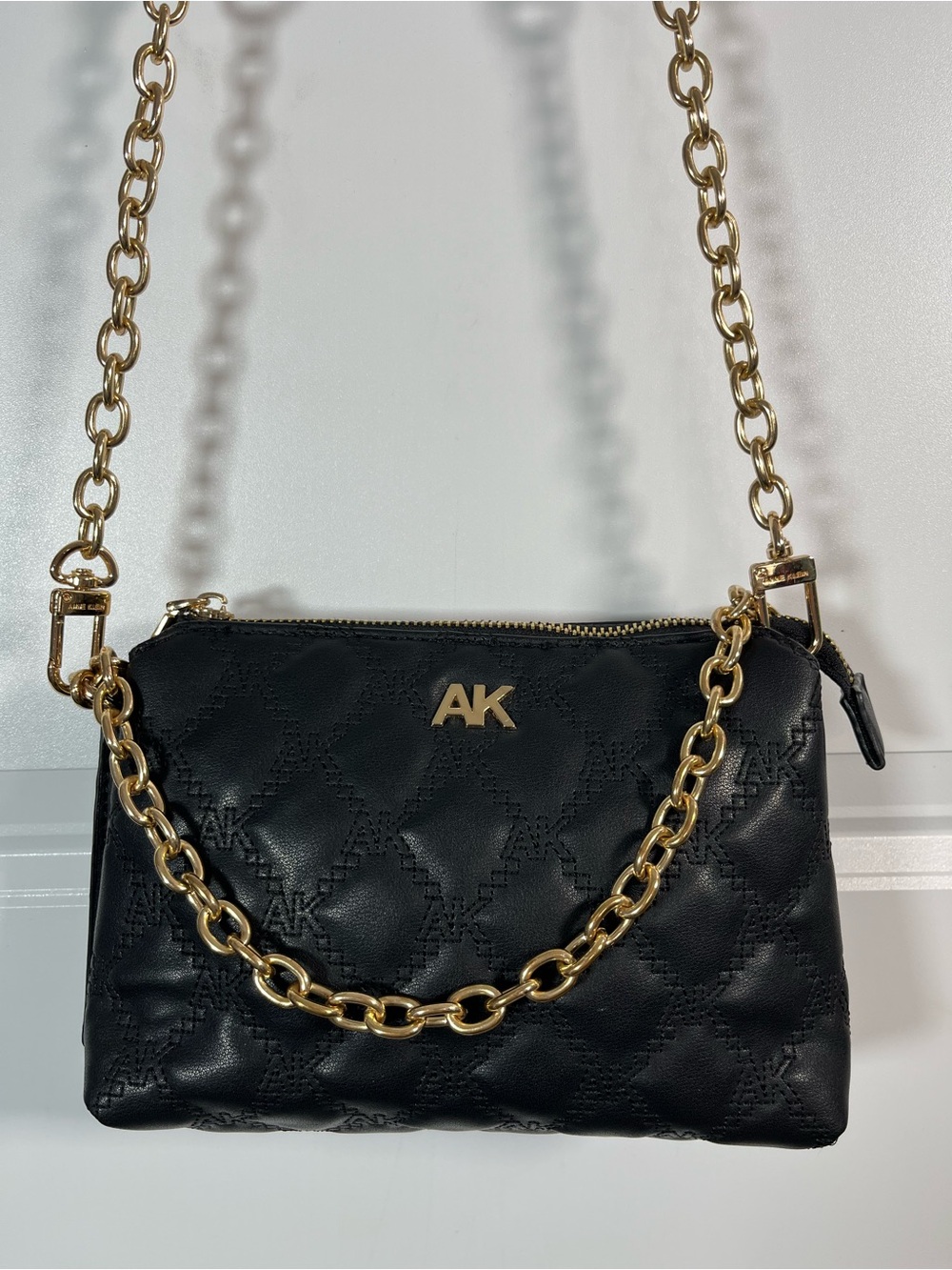 Anne Klein Crossbody Shoulder Bag Black Quilted AK Logo Convertible Chain